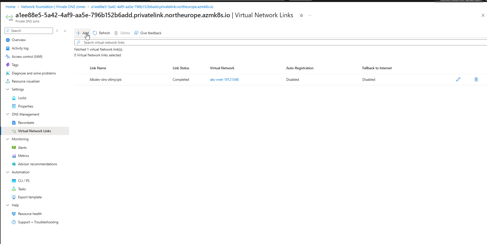 Link Virtual Network to Private DNS Zone
